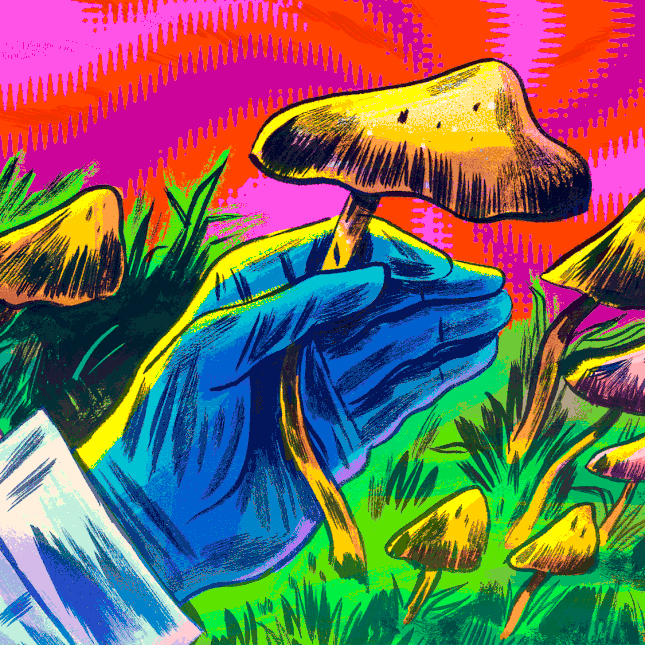 Art of a hand holding a psilocybin mushroom in GIF format.